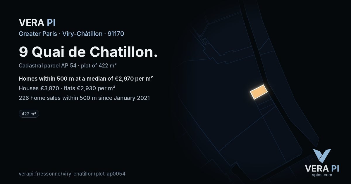 9 Quai de Chatillon, Viry-Châtillon at night – the plot lit, the parcels around coloured by the prices near them