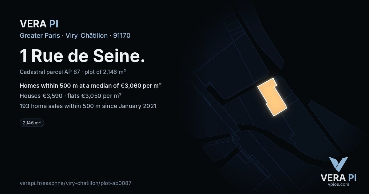 1 Rue de Seine, Viry-Châtillon at night – the plot lit, the parcels around coloured by the prices near them