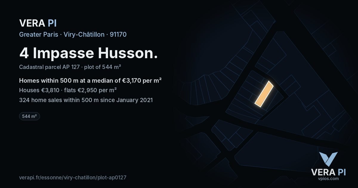 4 Impasse Husson, Viry-Châtillon at night – the plot lit, the parcels around coloured by the prices near them