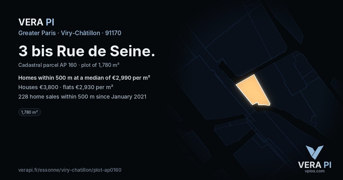 3 bis Rue de Seine, Viry-Châtillon at night – the plot lit, the parcels around coloured by the prices near them