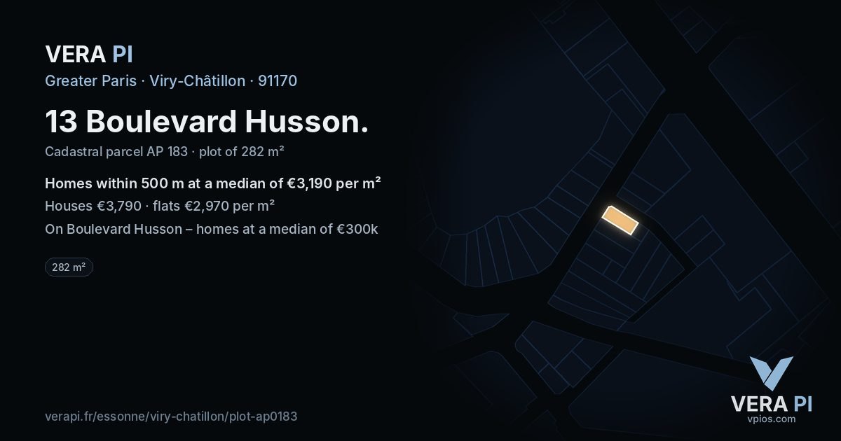13 Boulevard Husson, Viry-Châtillon at night – the plot lit, the parcels around coloured by the prices near them