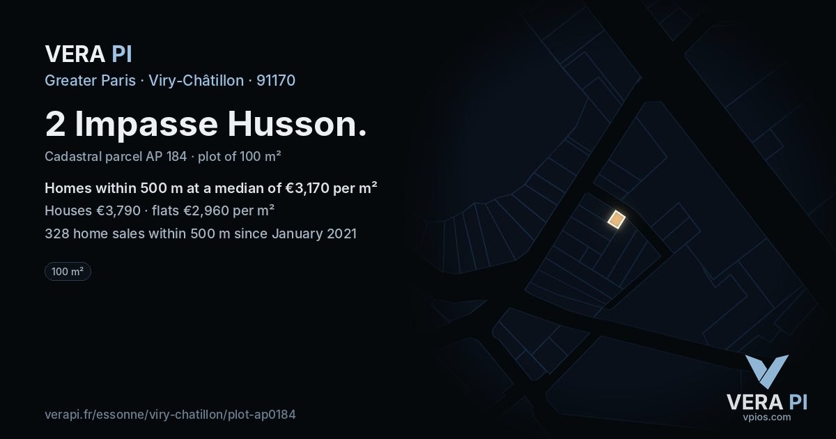 2 Impasse Husson, Viry-Châtillon at night – the plot lit, the parcels around coloured by the prices near them