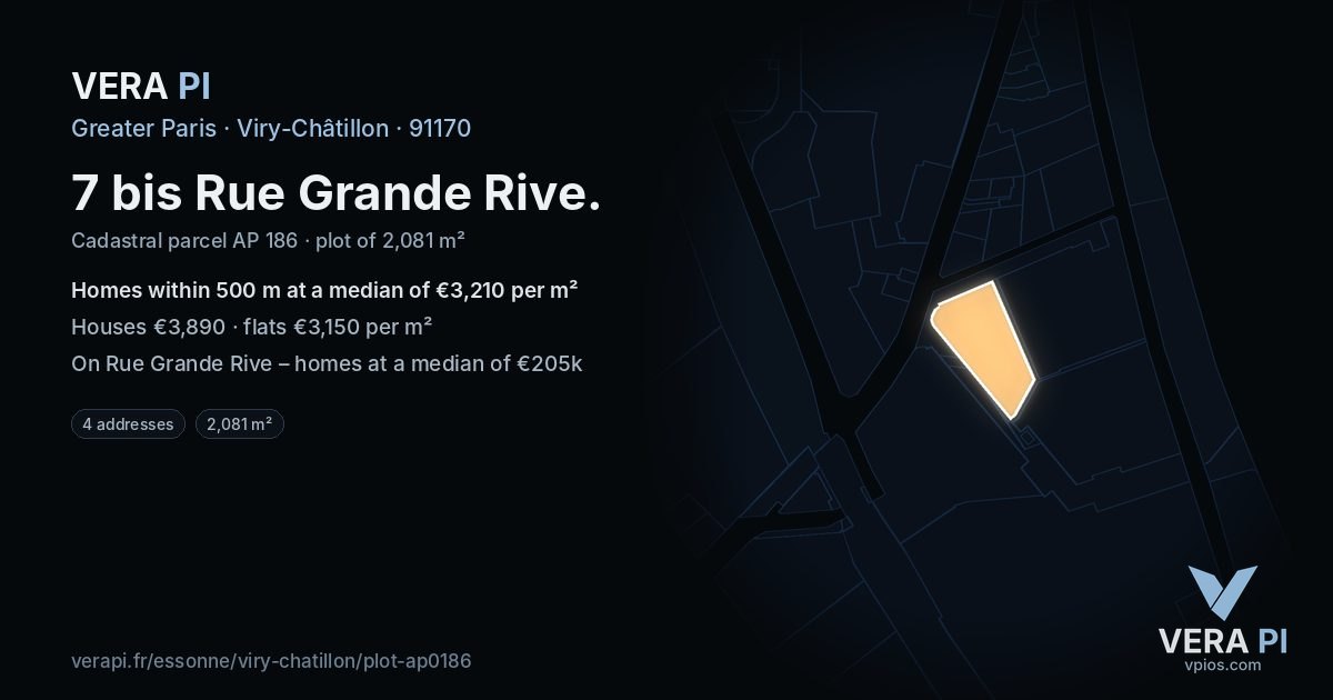 7 bis Rue Grande Rive, Viry-Châtillon at night – the plot lit, the parcels around coloured by the prices near them