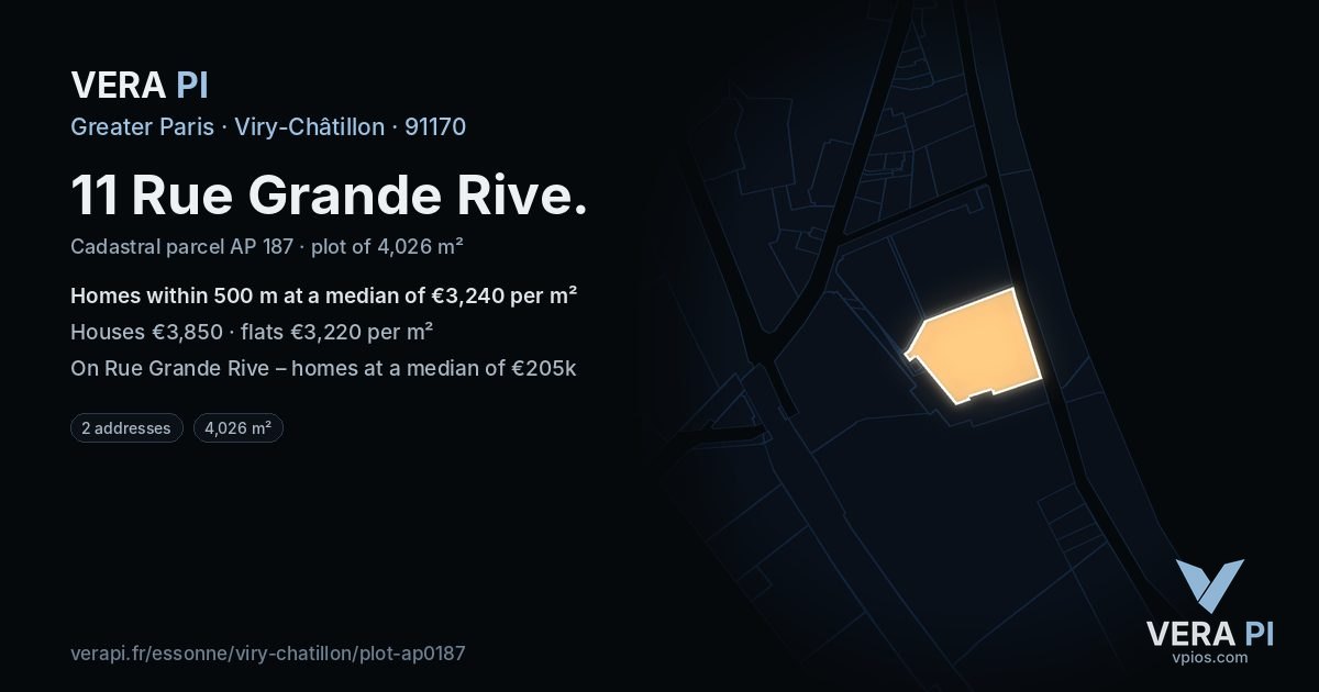 11 Rue Grande Rive, Viry-Châtillon at night – the plot lit, the parcels around coloured by the prices near them
