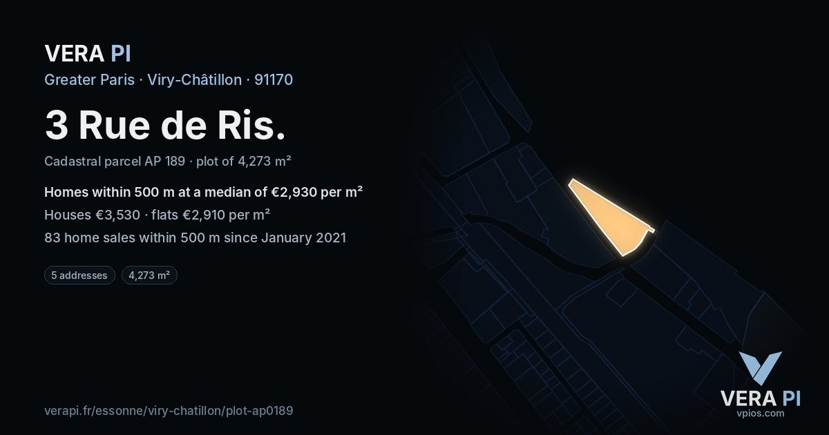 3 Rue de Ris, Viry-Châtillon at night – the plot lit, the parcels around coloured by the prices near them