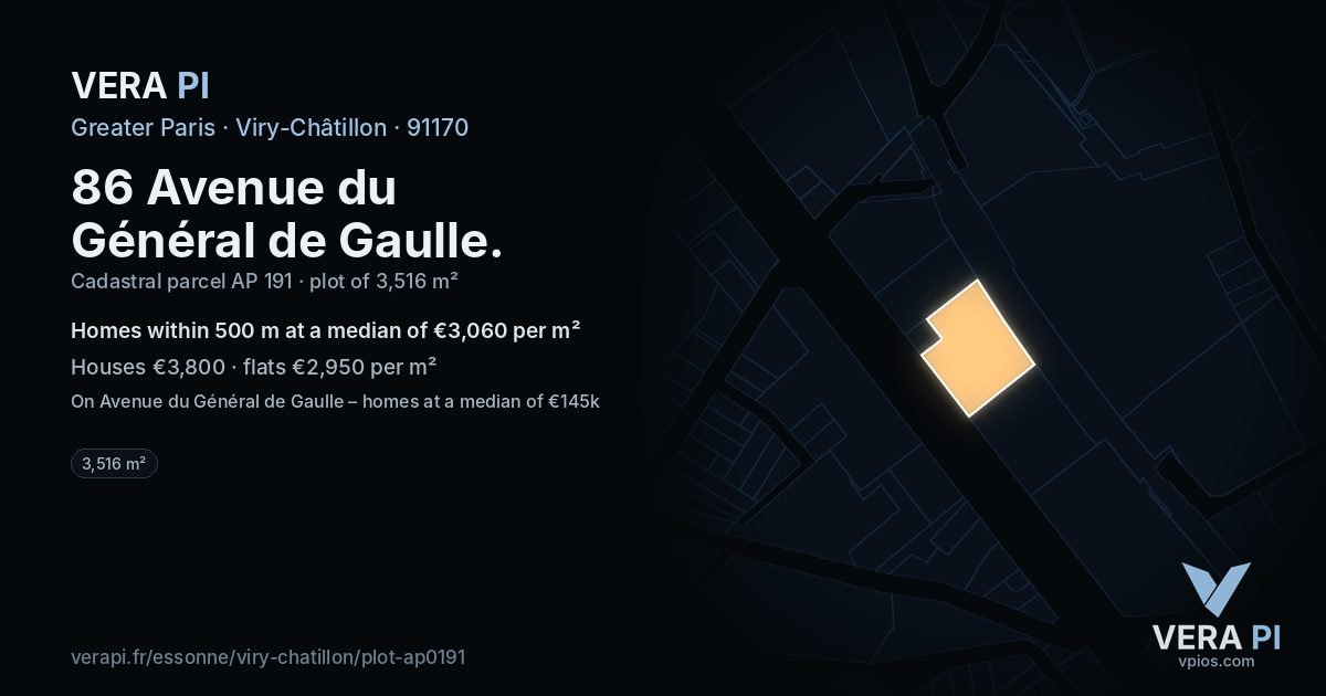 86 Avenue du Général de Gaulle, Viry-Châtillon at night – the plot lit, the parcels around coloured by the prices near them