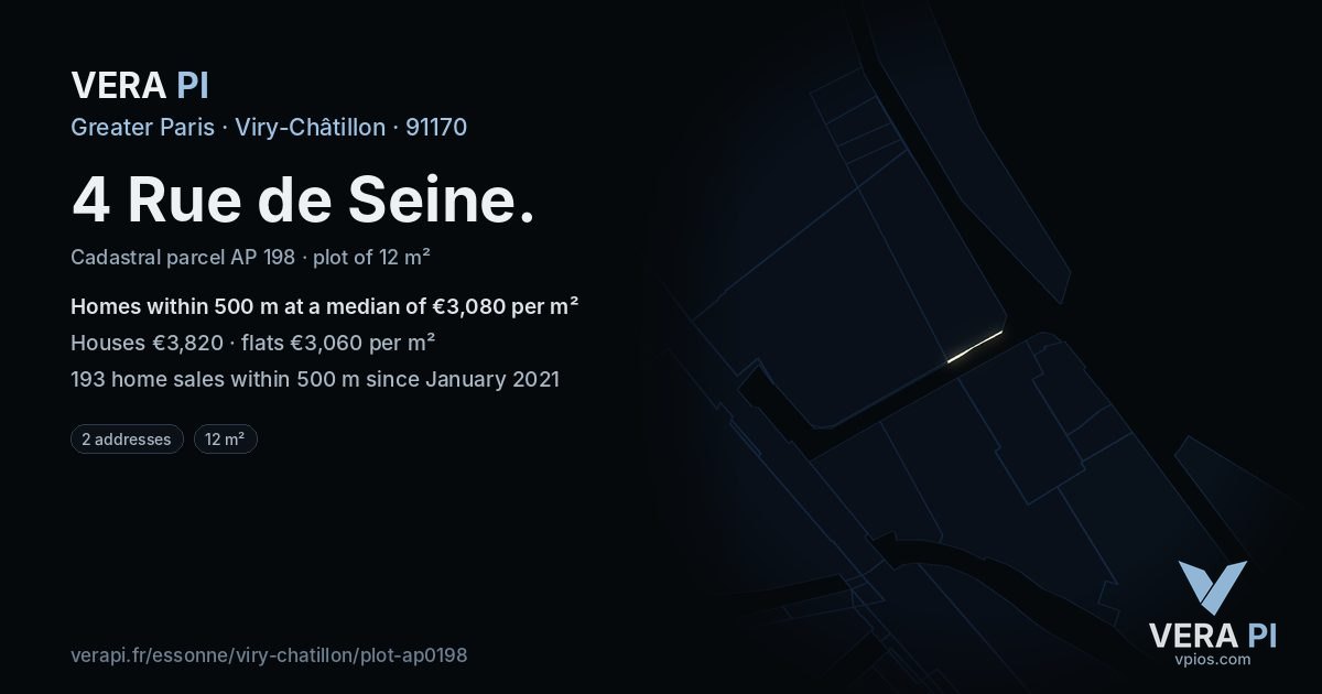 4 Rue de Seine, Viry-Châtillon at night – the plot lit, the parcels around coloured by the prices near them