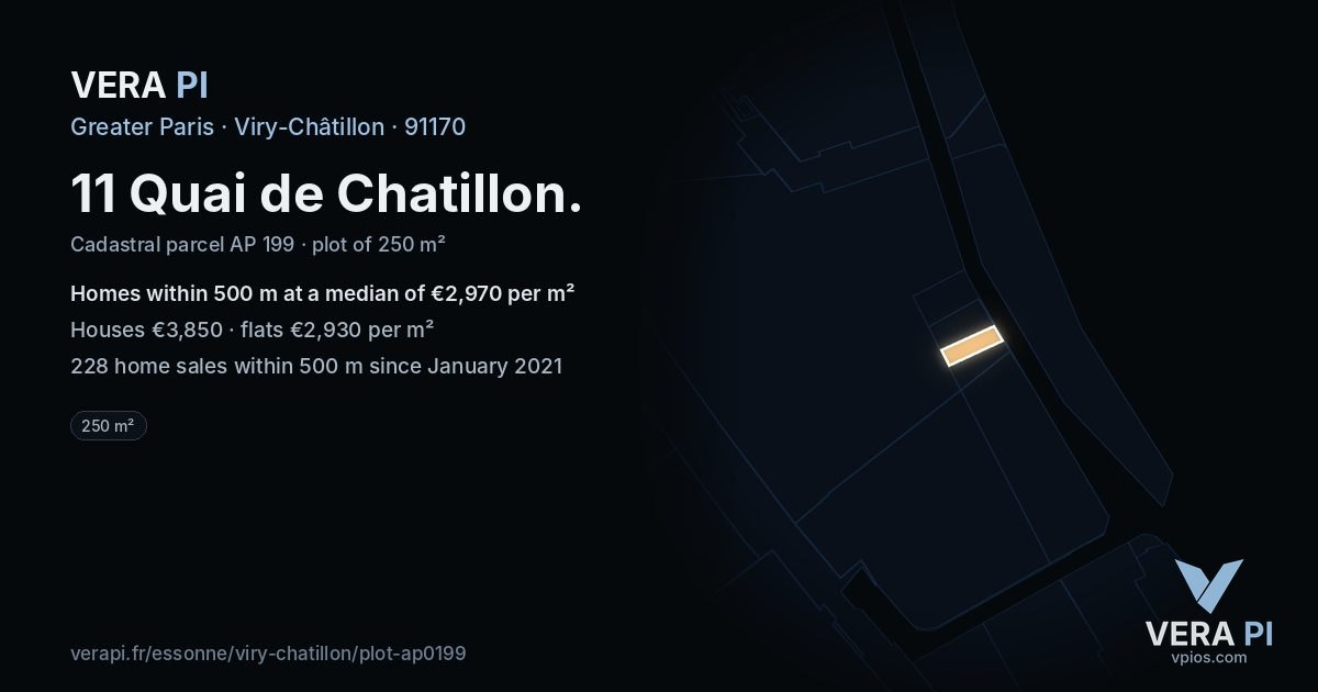 11 Quai de Chatillon, Viry-Châtillon at night – the plot lit, the parcels around coloured by the prices near them