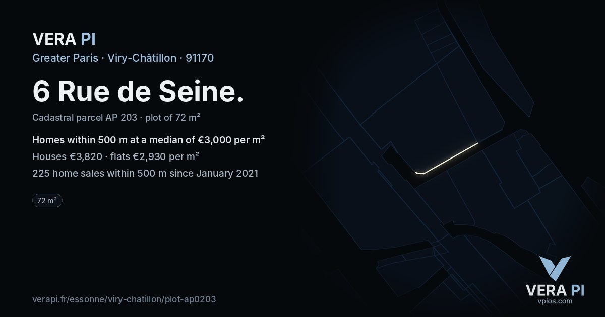 6 Rue de Seine, Viry-Châtillon at night – the plot lit, the parcels around coloured by the prices near them