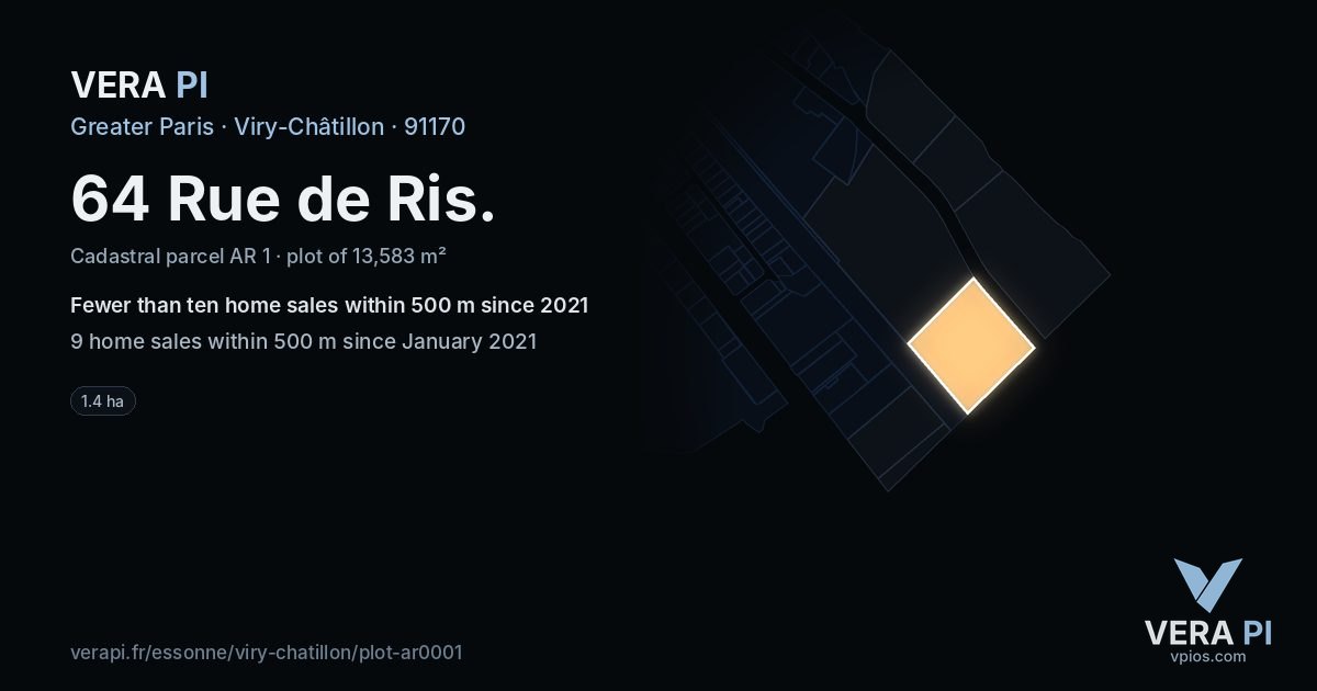 64 Rue de Ris, Viry-Châtillon at night – the plot lit, the parcels around coloured by the prices near them