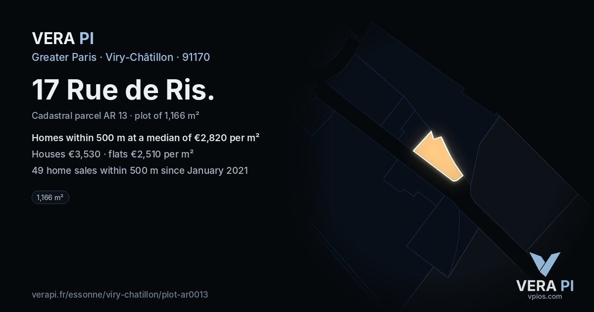 17 Rue de Ris, Viry-Châtillon at night – the plot lit, the parcels around coloured by the prices near them