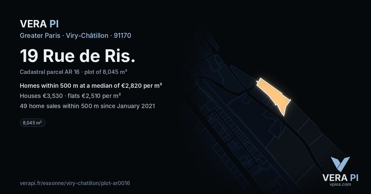 19 Rue de Ris, Viry-Châtillon at night – the plot lit, the parcels around coloured by the prices near them