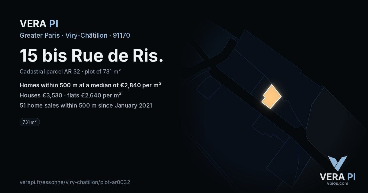 15 bis Rue de Ris, Viry-Châtillon at night – the plot lit, the parcels around coloured by the prices near them