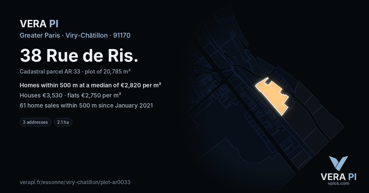 38 Rue de Ris, Viry-Châtillon at night – the plot lit, the parcels around coloured by the prices near them