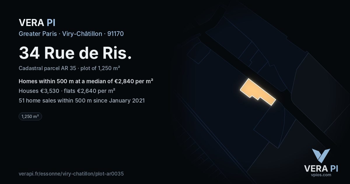 34 Rue de Ris, Viry-Châtillon at night – the plot lit, the parcels around coloured by the prices near them