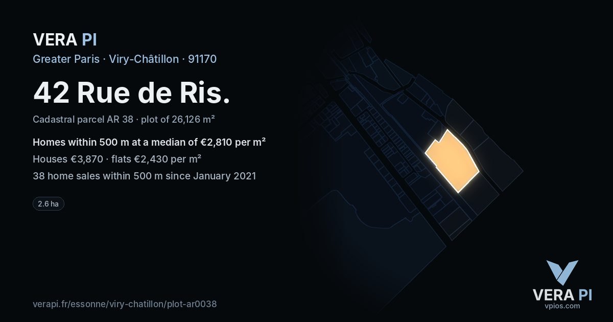 42 Rue de Ris, Viry-Châtillon at night – the plot lit, the parcels around coloured by the prices near them