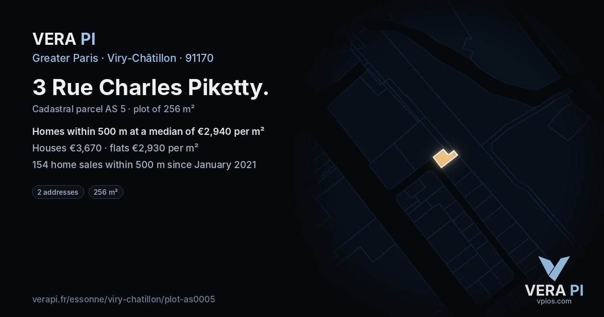 3 Rue Charles Piketty, Viry-Châtillon at night – the plot lit, the parcels around coloured by the prices near them