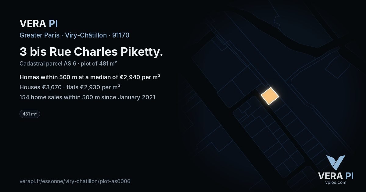 3 bis Rue Charles Piketty, Viry-Châtillon at night – the plot lit, the parcels around coloured by the prices near them