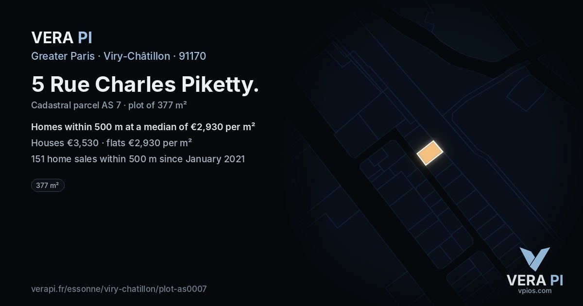 5 Rue Charles Piketty, Viry-Châtillon at night – the plot lit, the parcels around coloured by the prices near them