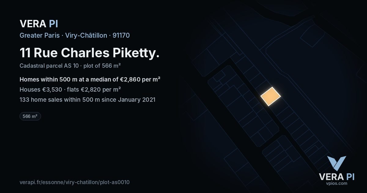 11 Rue Charles Piketty, Viry-Châtillon at night – the plot lit, the parcels around coloured by the prices near them