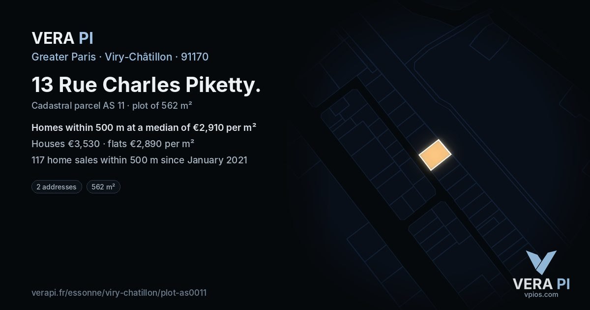 13 Rue Charles Piketty, Viry-Châtillon at night – the plot lit, the parcels around coloured by the prices near them