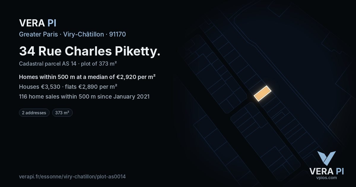34 Rue Charles Piketty, Viry-Châtillon at night – the plot lit, the parcels around coloured by the prices near them