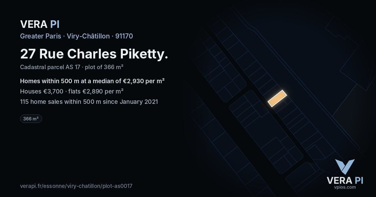 27 Rue Charles Piketty, Viry-Châtillon at night – the plot lit, the parcels around coloured by the prices near them