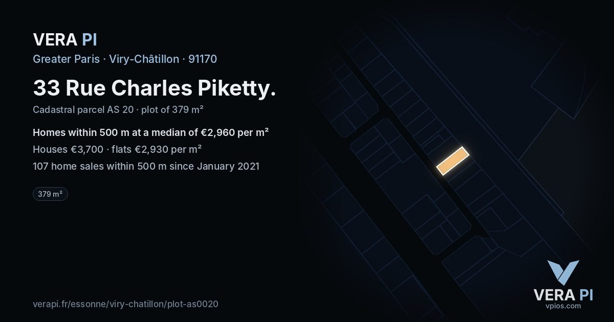 33 Rue Charles Piketty, Viry-Châtillon at night – the plot lit, the parcels around coloured by the prices near them