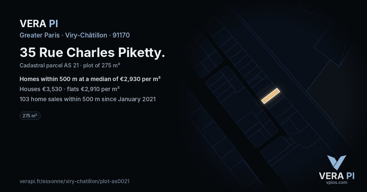 35 Rue Charles Piketty, Viry-Châtillon at night – the plot lit, the parcels around coloured by the prices near them