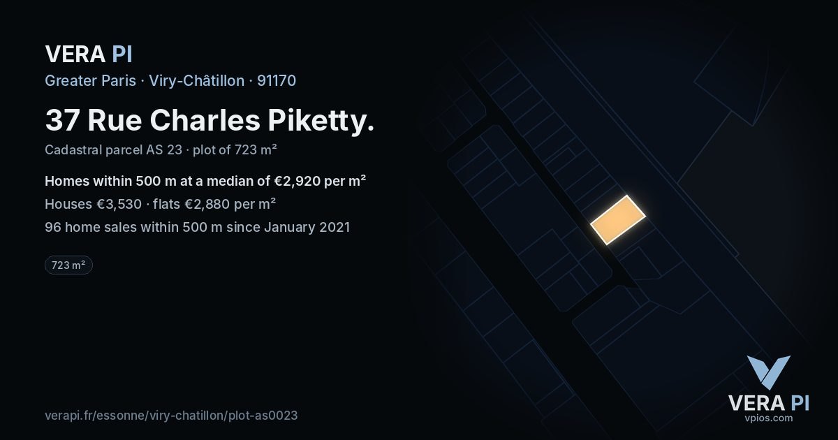 37 Rue Charles Piketty, Viry-Châtillon at night – the plot lit, the parcels around coloured by the prices near them