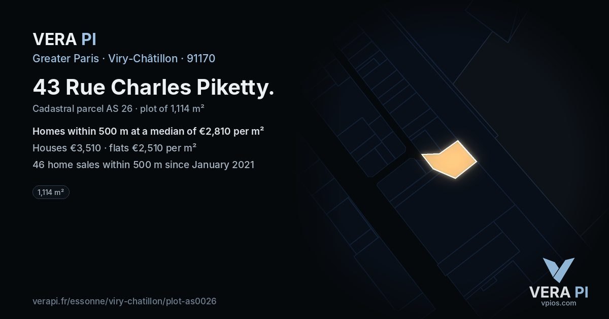 43 Rue Charles Piketty, Viry-Châtillon at night – the plot lit, the parcels around coloured by the prices near them
