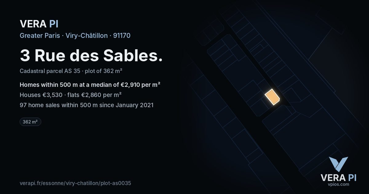 3 Rue des Sables, Viry-Châtillon at night – the plot lit, the parcels around coloured by the prices near them