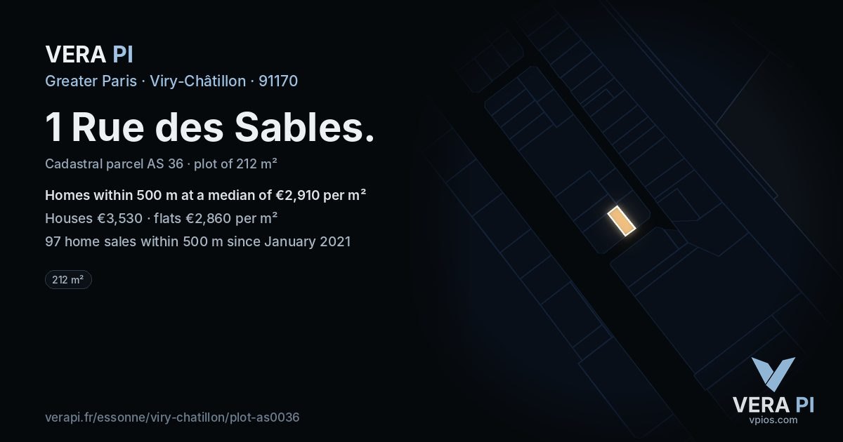 1 Rue des Sables, Viry-Châtillon at night – the plot lit, the parcels around coloured by the prices near them