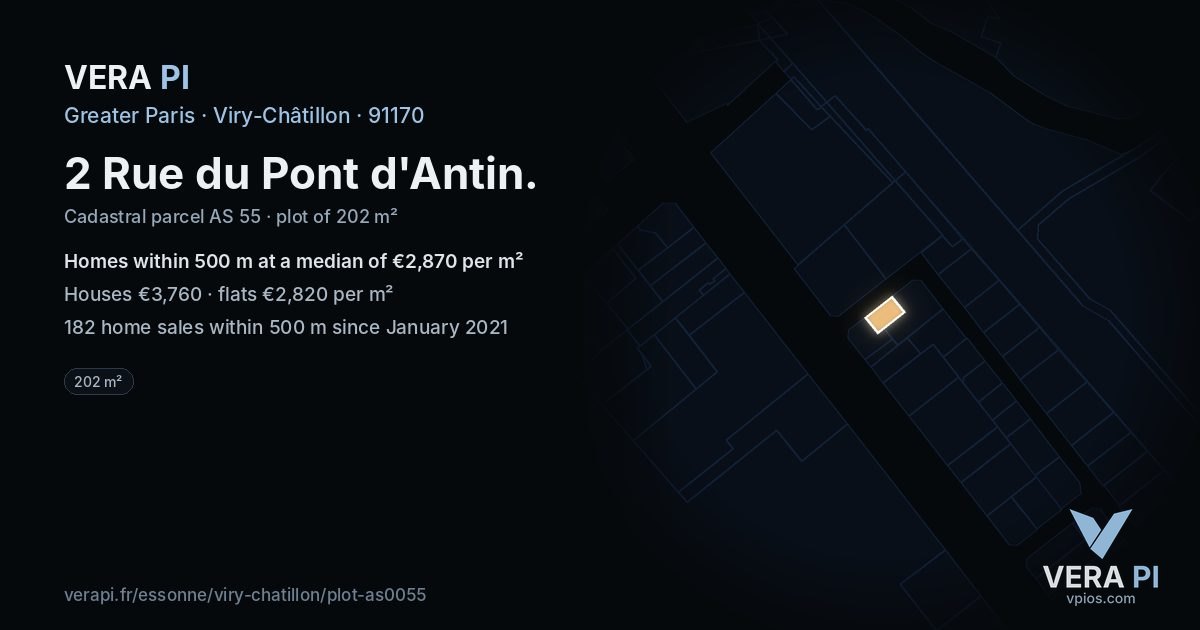 2 Rue du Pont d'Antin, Viry-Châtillon at night – the plot lit, the parcels around coloured by the prices near them