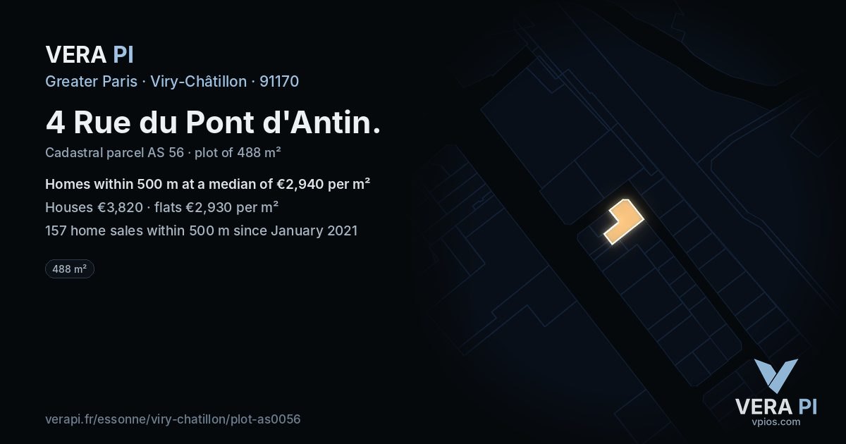 4 Rue du Pont d'Antin, Viry-Châtillon at night – the plot lit, the parcels around coloured by the prices near them