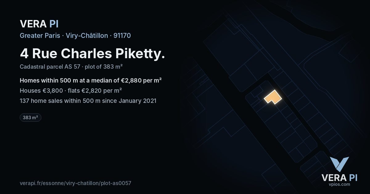 4 Rue Charles Piketty, Viry-Châtillon at night – the plot lit, the parcels around coloured by the prices near them
