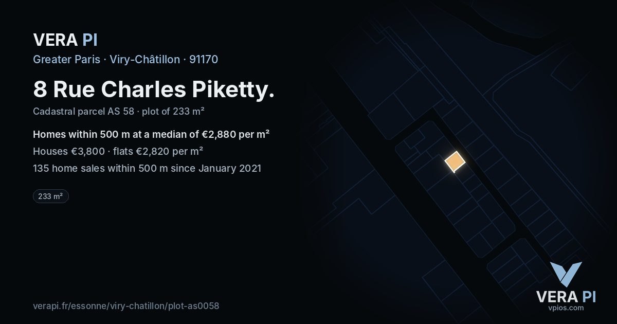 8 Rue Charles Piketty, Viry-Châtillon at night – the plot lit, the parcels around coloured by the prices near them