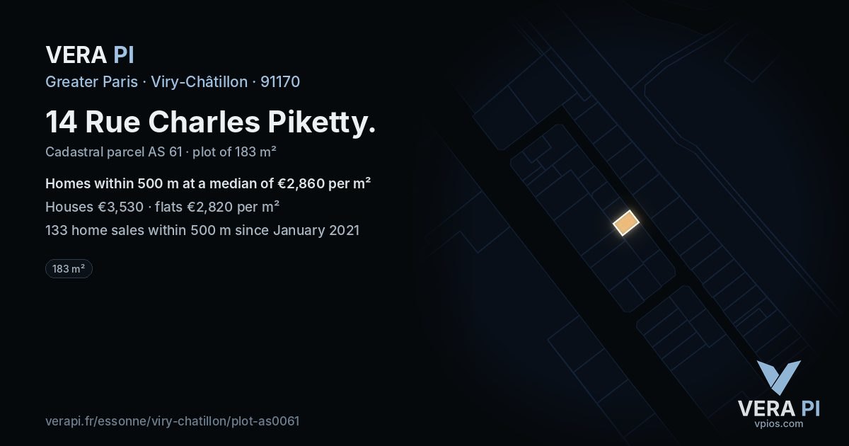 14 Rue Charles Piketty, Viry-Châtillon at night – the plot lit, the parcels around coloured by the prices near them