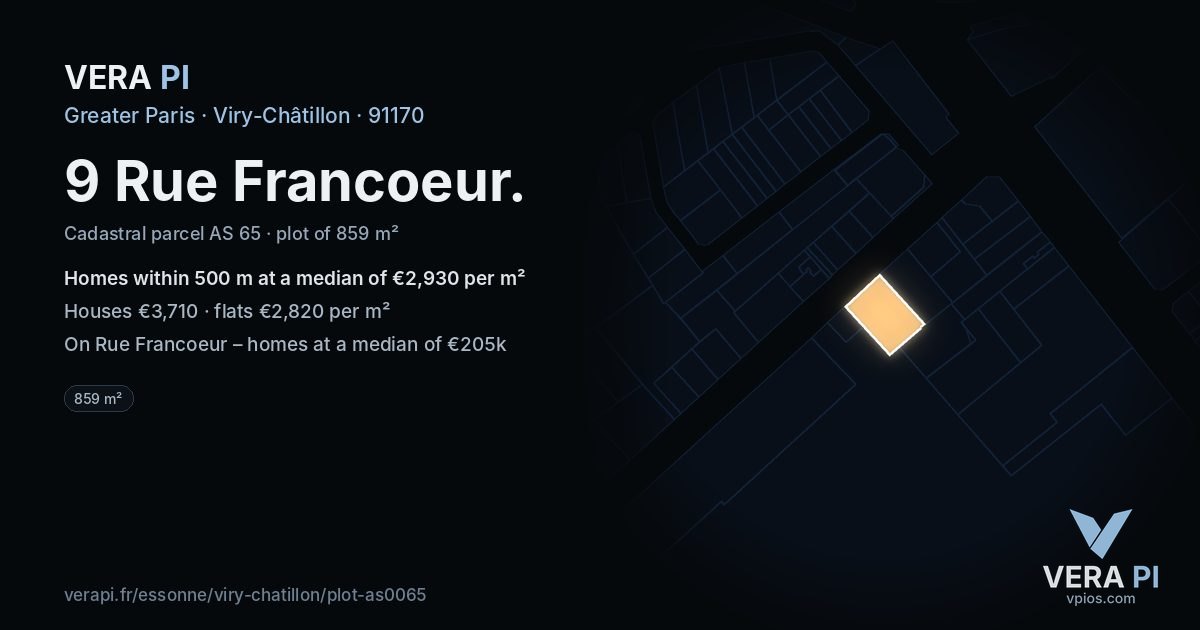 9 Rue Francoeur, Viry-Châtillon at night – the plot lit, the parcels around coloured by the prices near them