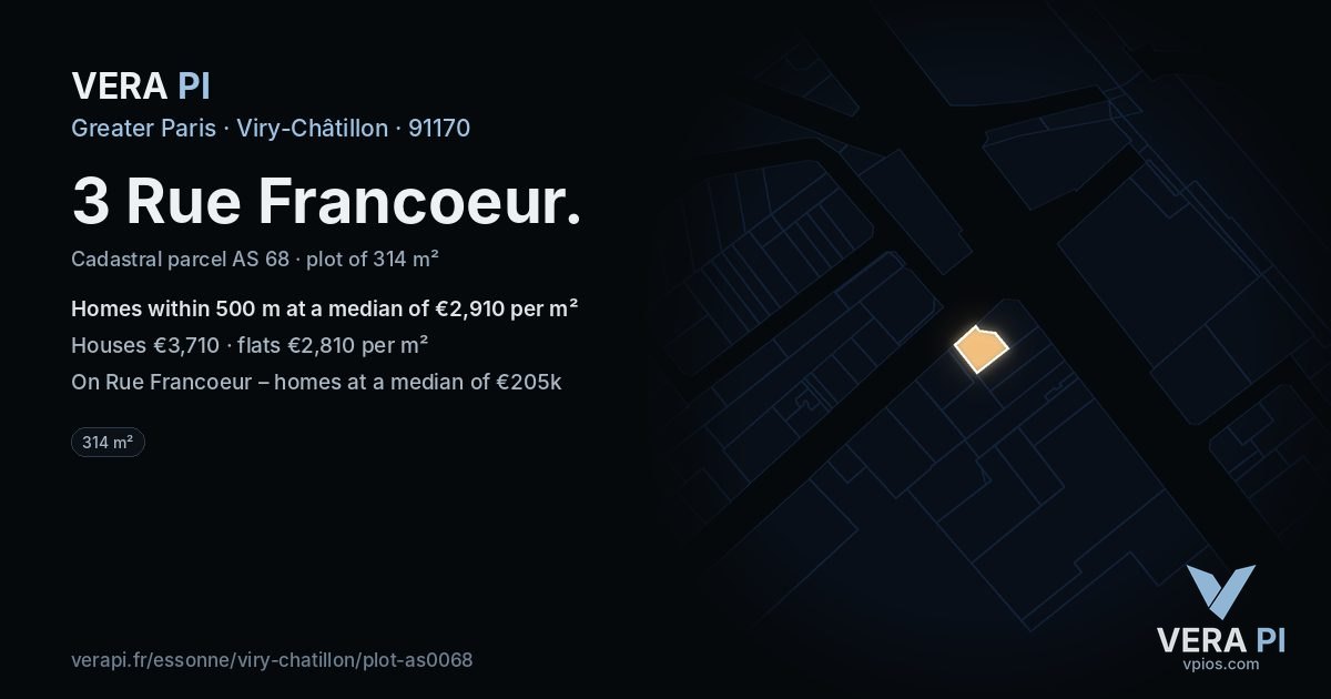 3 Rue Francoeur, Viry-Châtillon at night – the plot lit, the parcels around coloured by the prices near them