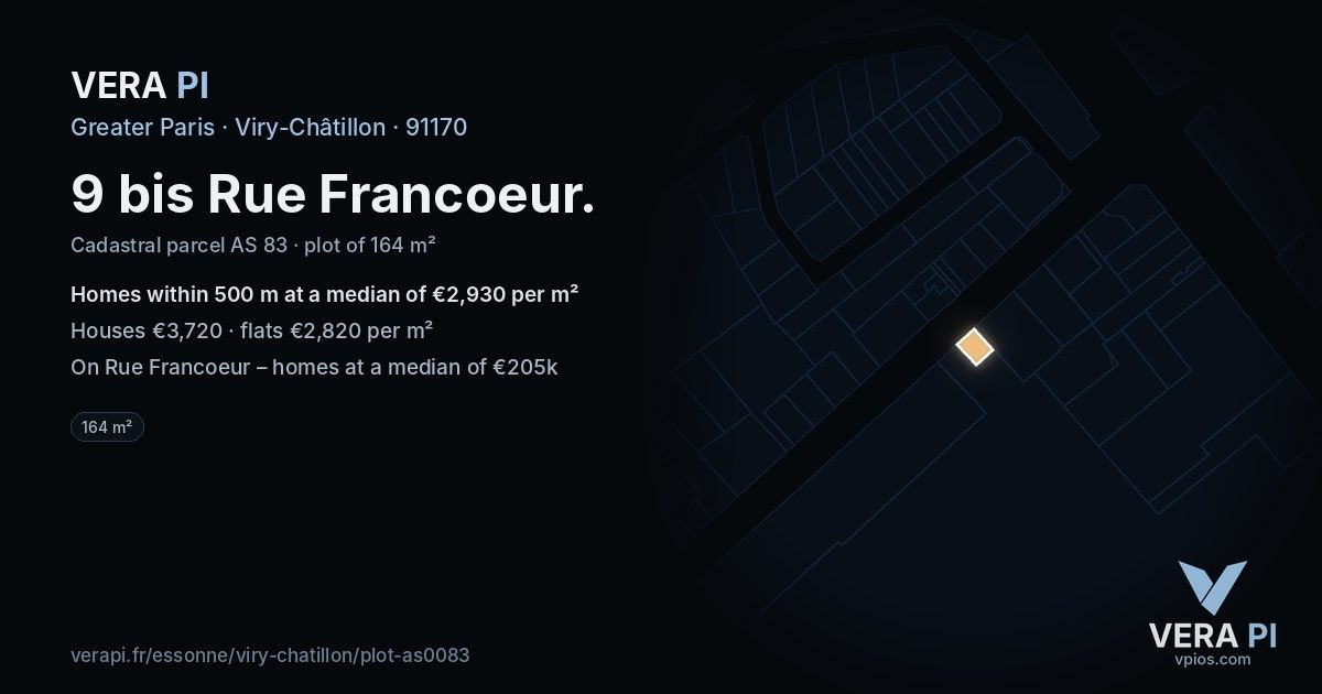 9 bis Rue Francoeur, Viry-Châtillon at night – the plot lit, the parcels around coloured by the prices near them