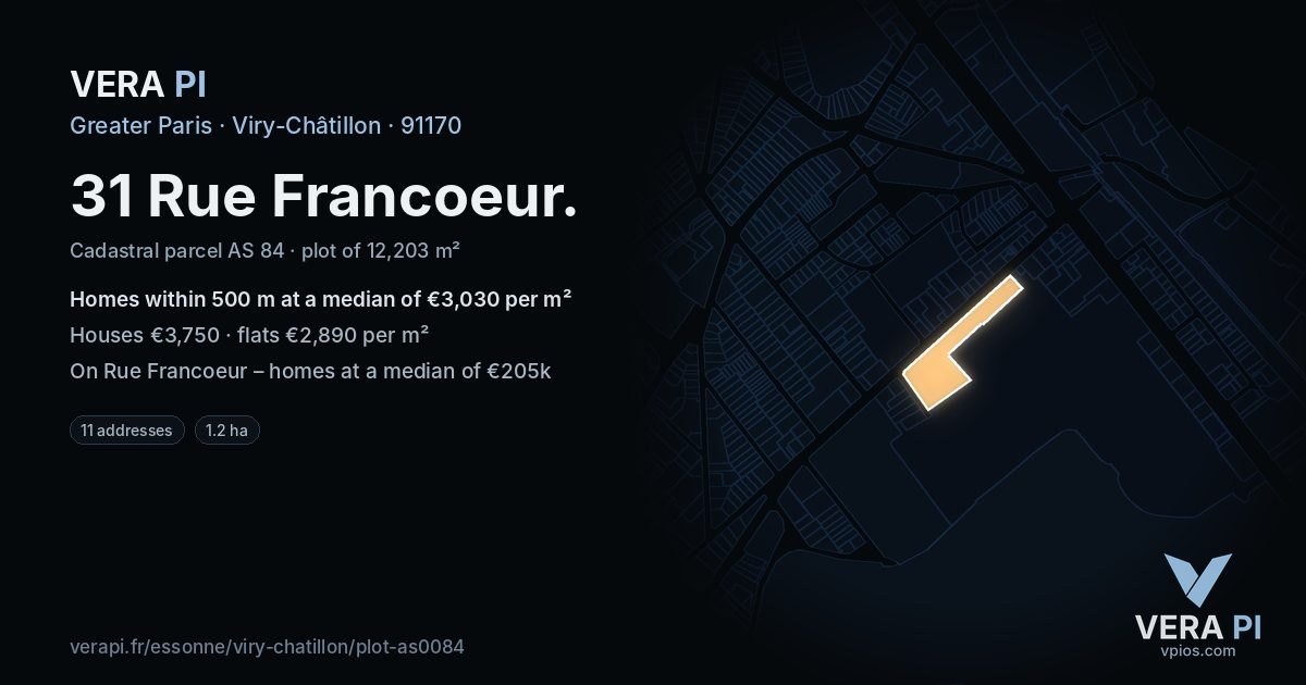 31 Rue Francoeur, Viry-Châtillon at night – the plot lit, the parcels around coloured by the prices near them