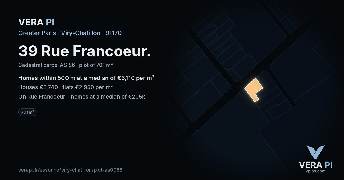 39 Rue Francoeur, Viry-Châtillon at night – the plot lit, the parcels around coloured by the prices near them