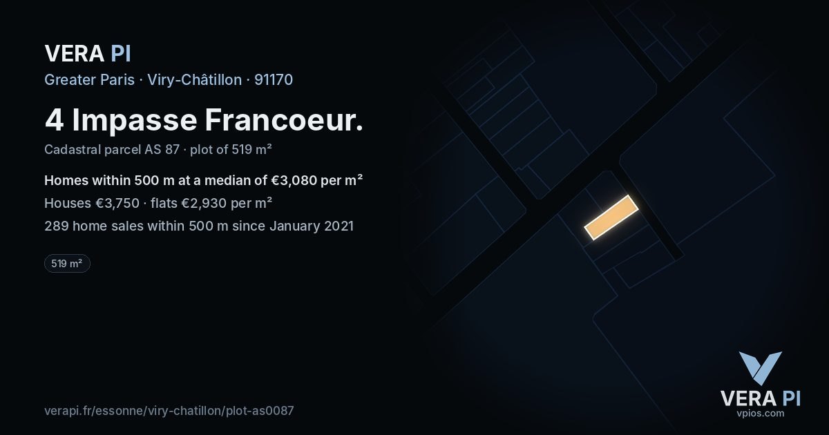4 Impasse Francoeur, Viry-Châtillon at night – the plot lit, the parcels around coloured by the prices near them