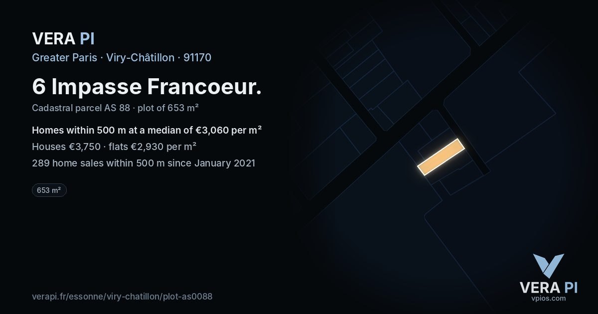 6 Impasse Francoeur, Viry-Châtillon at night – the plot lit, the parcels around coloured by the prices near them