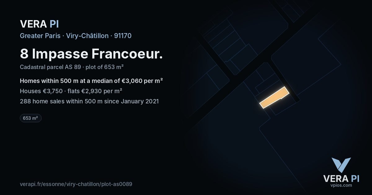 8 Impasse Francoeur, Viry-Châtillon at night – the plot lit, the parcels around coloured by the prices near them
