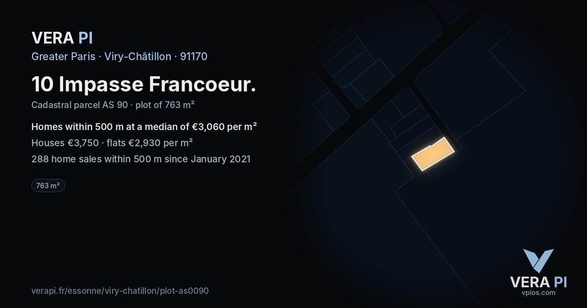 10 Impasse Francoeur, Viry-Châtillon at night – the plot lit, the parcels around coloured by the prices near them