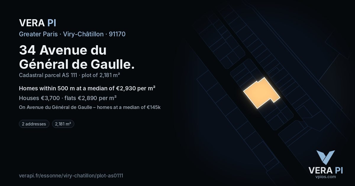 34 Avenue du Général de Gaulle, Viry-Châtillon at night – the plot lit, the parcels around coloured by the prices near them
