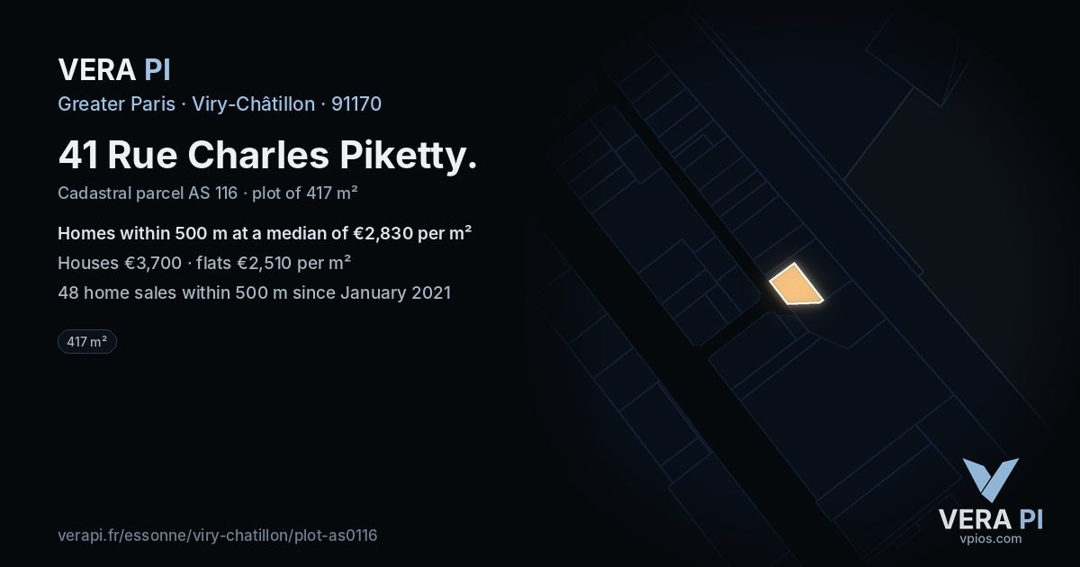 41 Rue Charles Piketty, Viry-Châtillon at night – the plot lit, the parcels around coloured by the prices near them