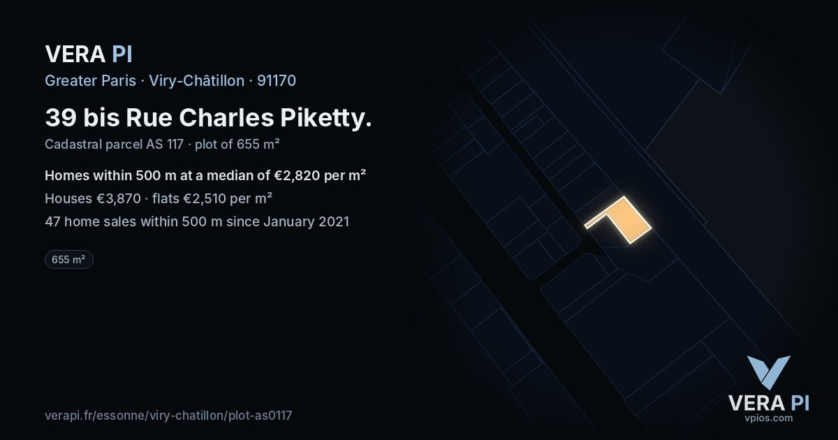 39 bis Rue Charles Piketty, Viry-Châtillon at night – the plot lit, the parcels around coloured by the prices near them